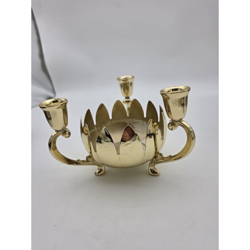 Vtg Italian Brass Plated 3 Arm Candelabra Lotus Candle Holder Centerpiece Floral